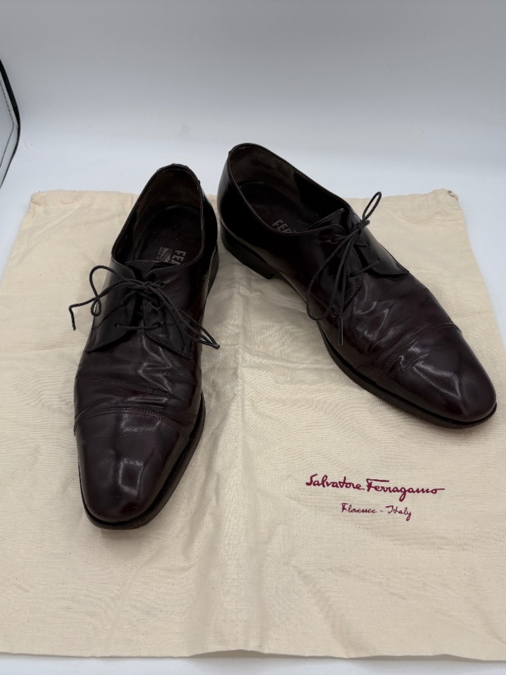 Salvatore Ferragamo Cap Toe Derby Dress Shoes Mens Brown Leather Lace 9 B Italy